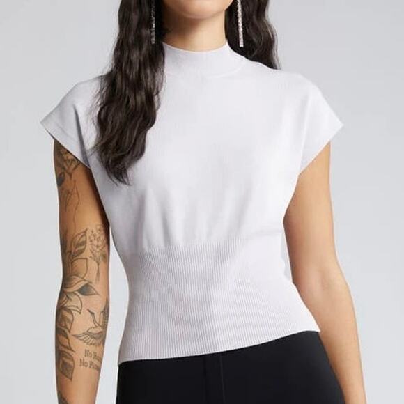 Open Edit Tops - Open Edit Mock Neck Dolman Cap Sleeve Ivory Ribbed Blouse Womens Large
